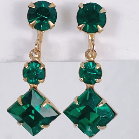 VTG 1940s 1950s Screw Back Earrings Green Rhinestone Cocktail Mid Century - Picture 4 of 9